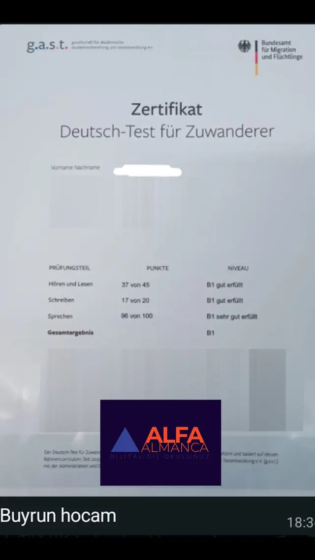 Alfa Almanca öğrenci sertifikası